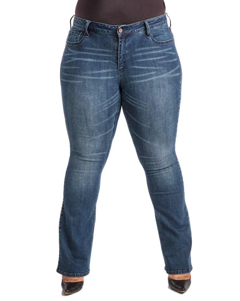 Front of a model wearing a size 14 Lacey Midrise Flare Jeans in Blue Scatter by Poetic Justice. | dia_product_style_image_id:275518